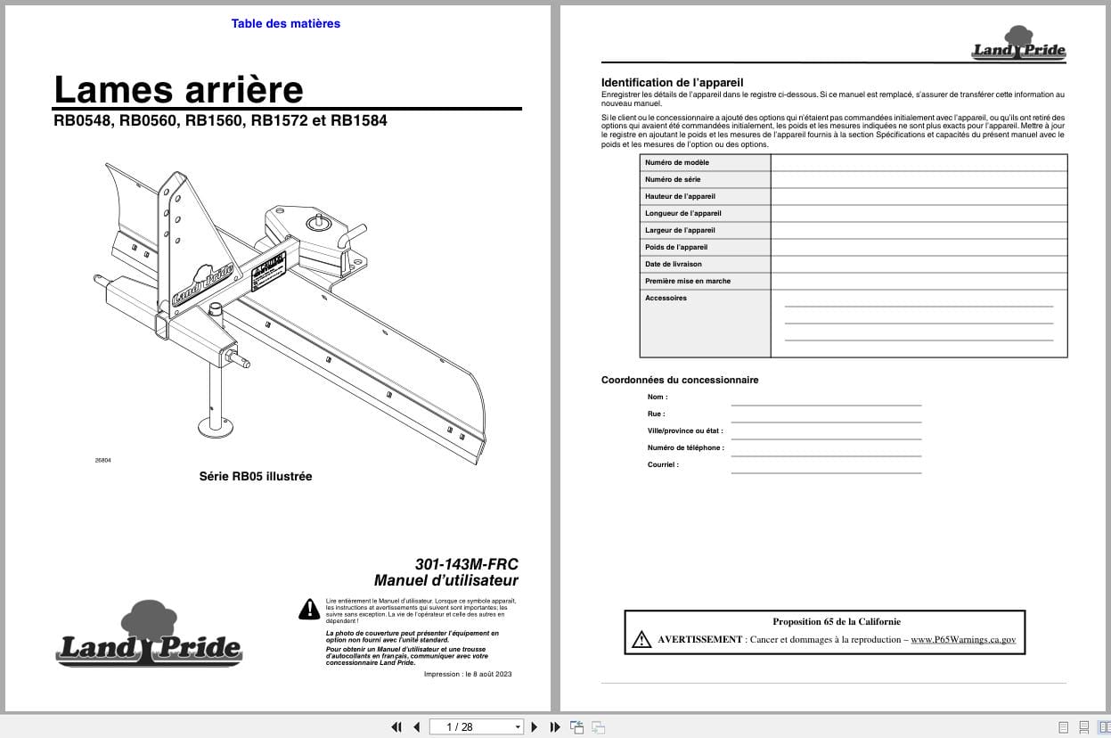 Land Pride Rear Blades RB0548 RB0560 RB1560 RB1572 RB1584 Operator Manual 301 143M FRC FR (1)