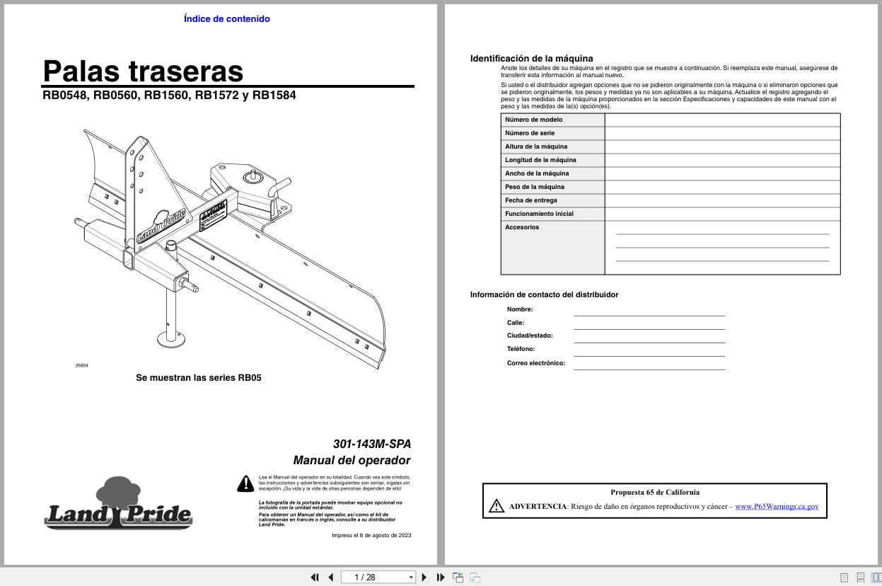 Land Pride Rear Blades RB0548 RB0560 RB1560 RB1572 RB1584 Operator Manual 301 143M SPA ES (1)
