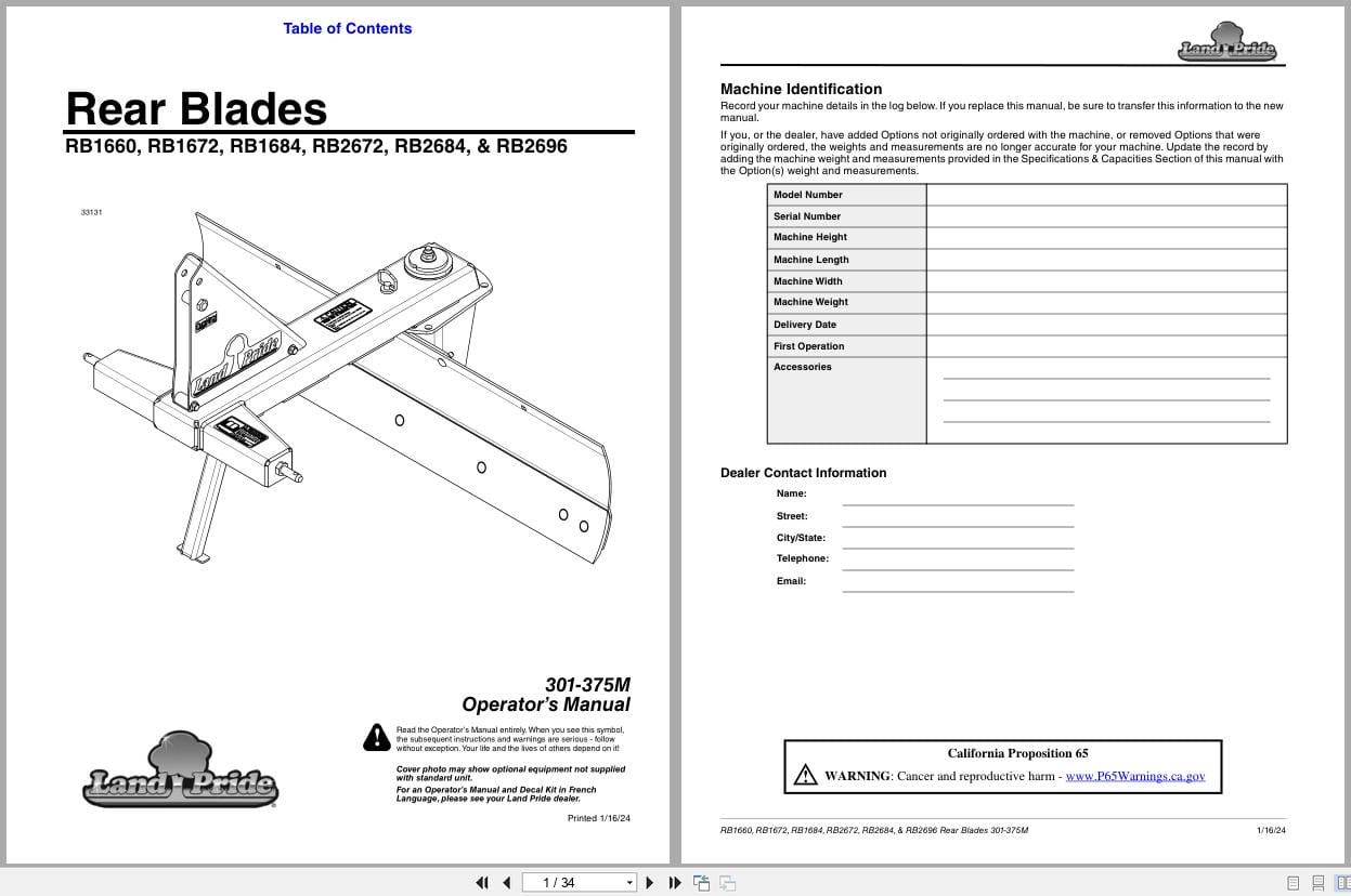 Land Pride Rear Blades RB1660 RB1672 RB1684 RB2672 RB2684 RB2696 Operation Manual 301 375M (1)