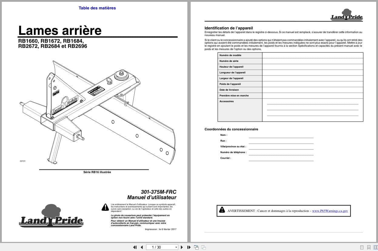 Land Pride Rear Blades RB1660 to RB2696 Operator Manual 301 375M FRC FR (1)