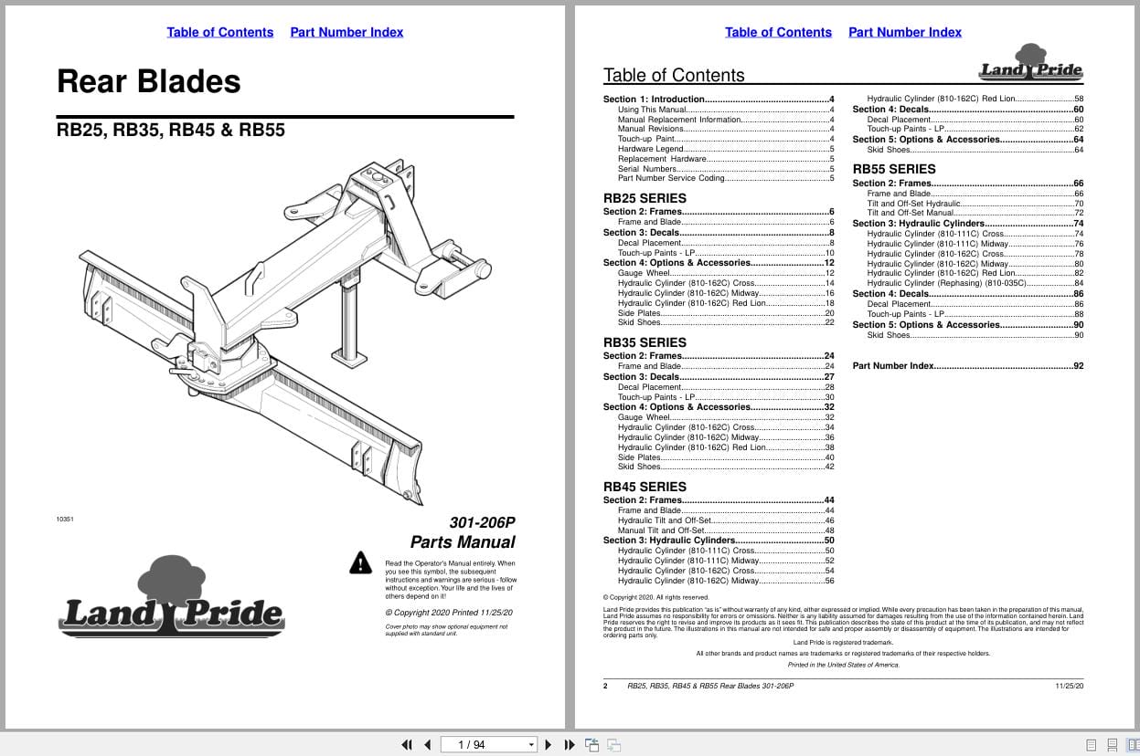 Land Pride Rear Blades RB25 RB35 RB45 RB55 Parts Manual 301 206P (1)