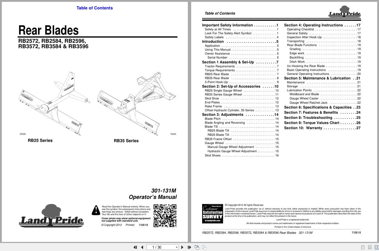 Land Pride Rear Blades RB2572 RB2584 RB2596 RB3572 RB3584 RB3596 Operation Manual 301 131M (1)