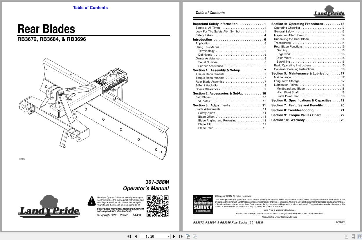 Land Pride Rear Blades RB3672 RB3684 RB3696 Operation Manual 301 388M (1)