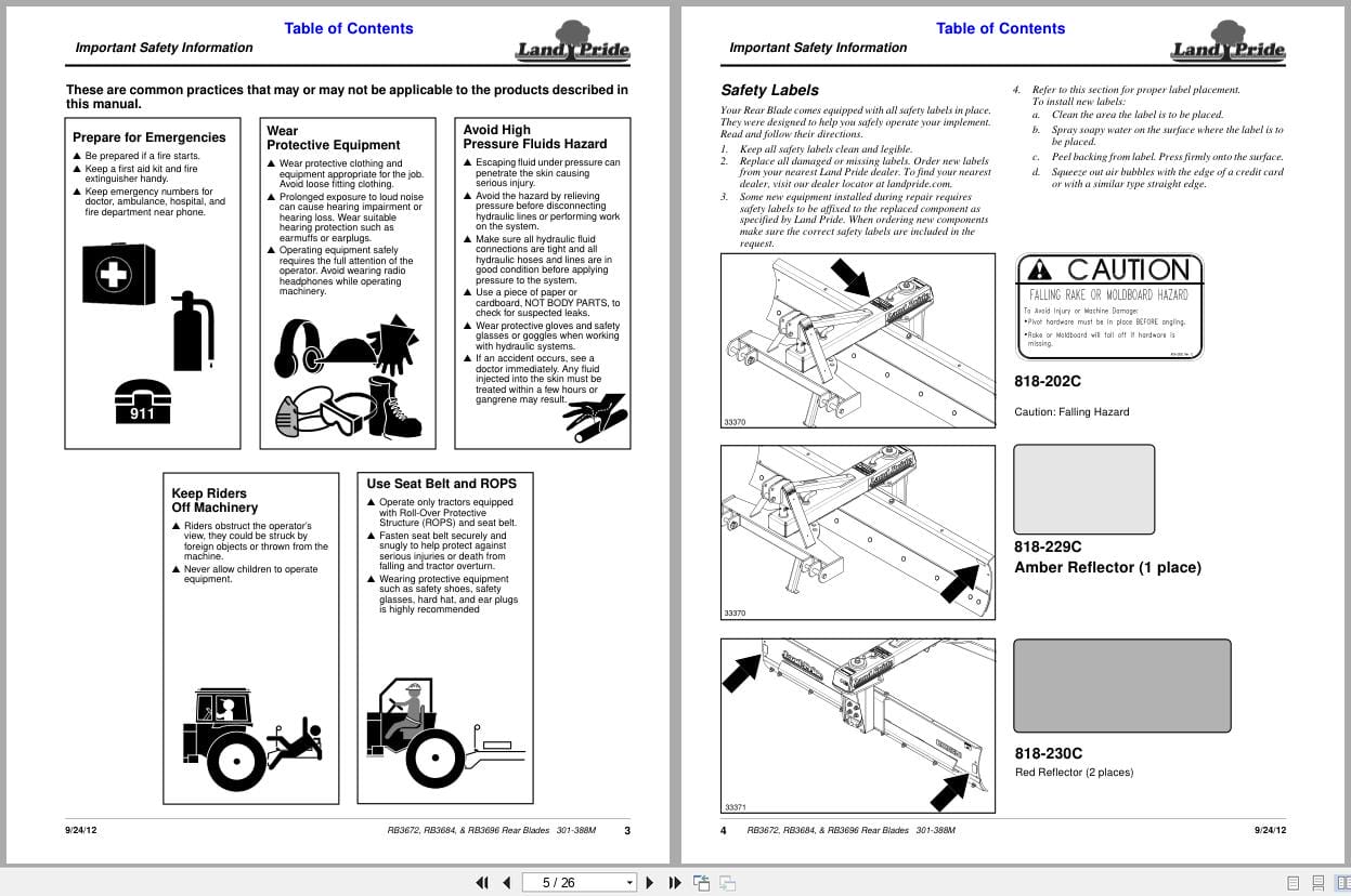 Land Pride Rear Blades RB3672 RB3684 RB3696 Operation Manual 301 388M (2)