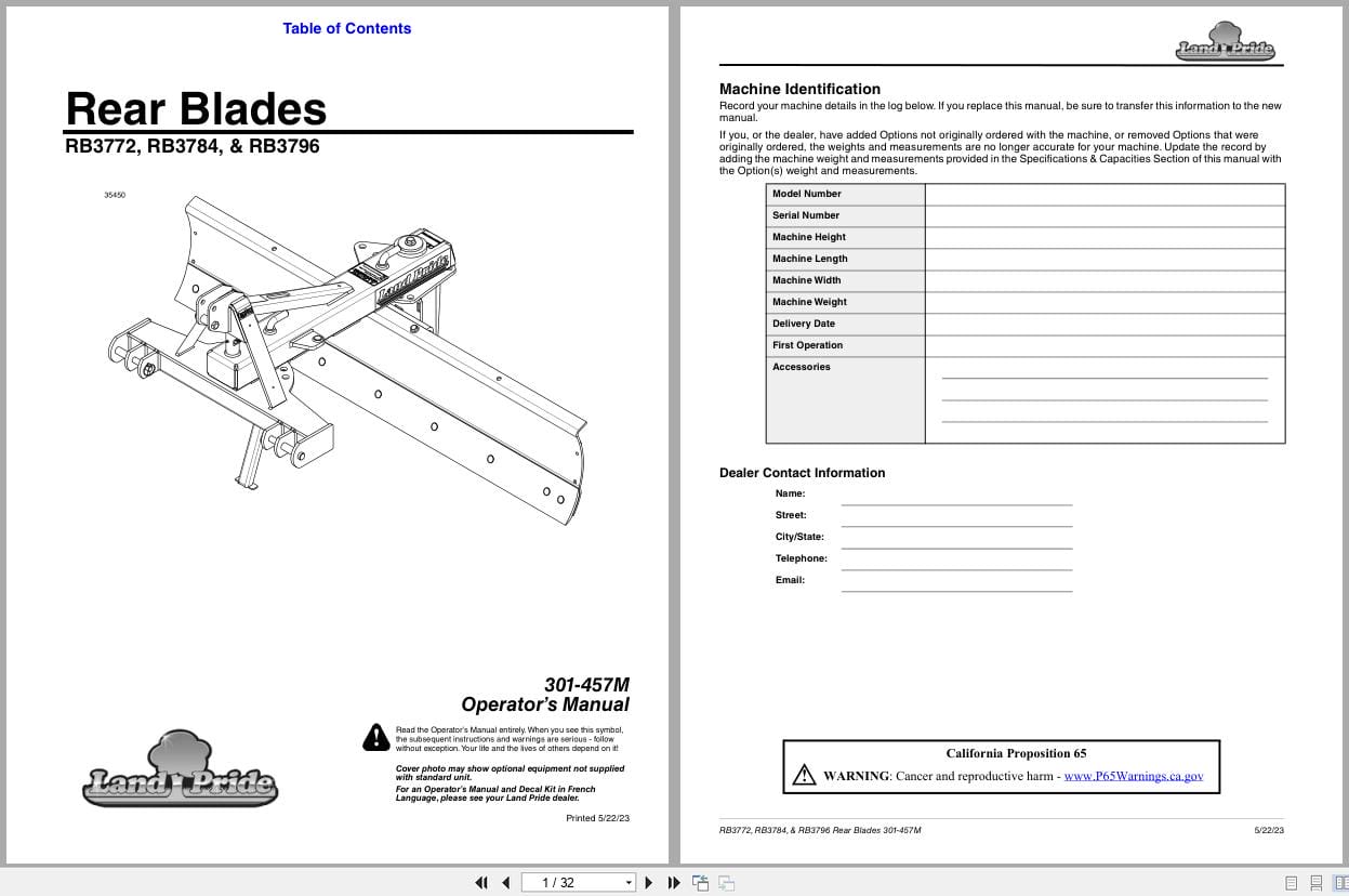 Land Pride Rear Blades RB3772 RB3784 RB3796 Operation Manual 301 457M (1)