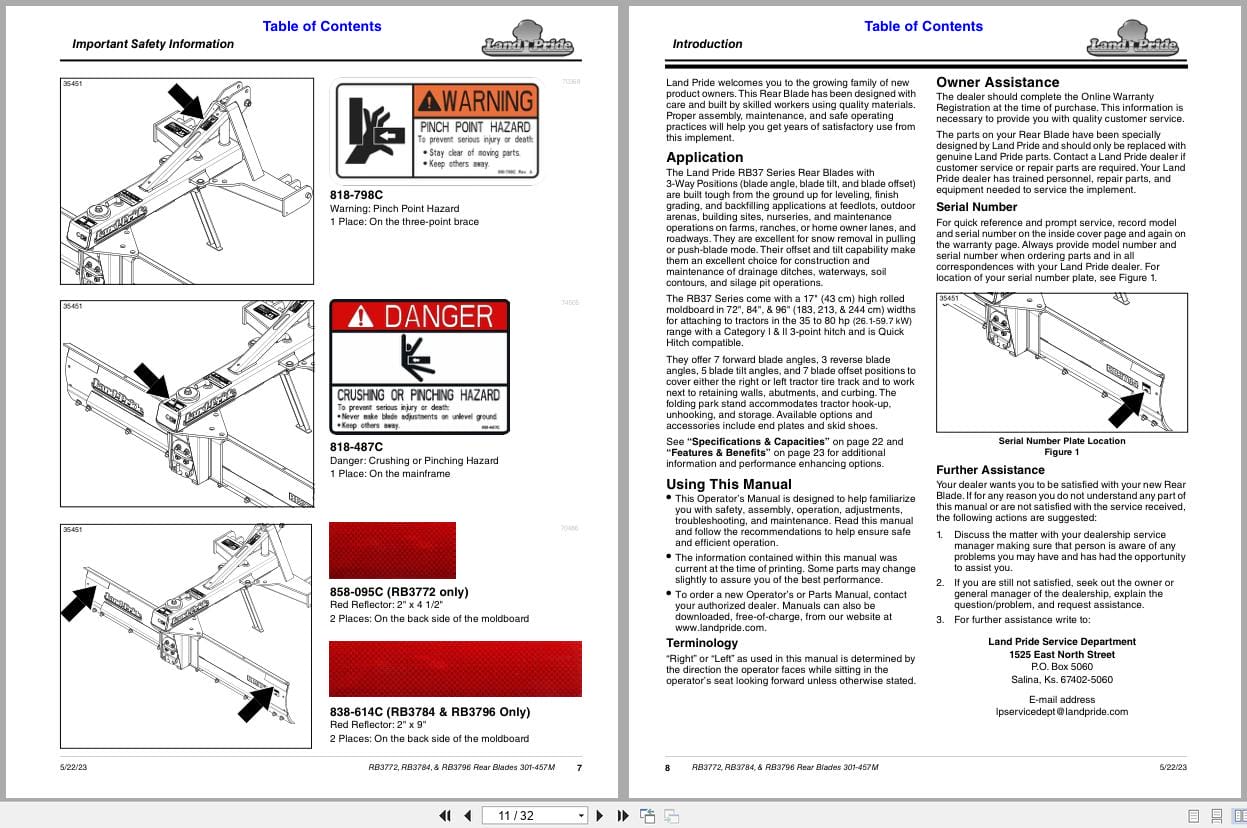 Land Pride Rear Blades RB3772 RB3784 RB3796 Operation Manual 301 457M (2)