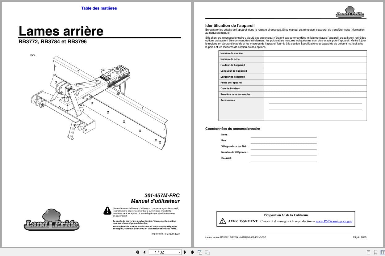 Land Pride Rear Blades RB3772 RB3784 RB3796 Operator Manual 301 457M FRC FR (1)