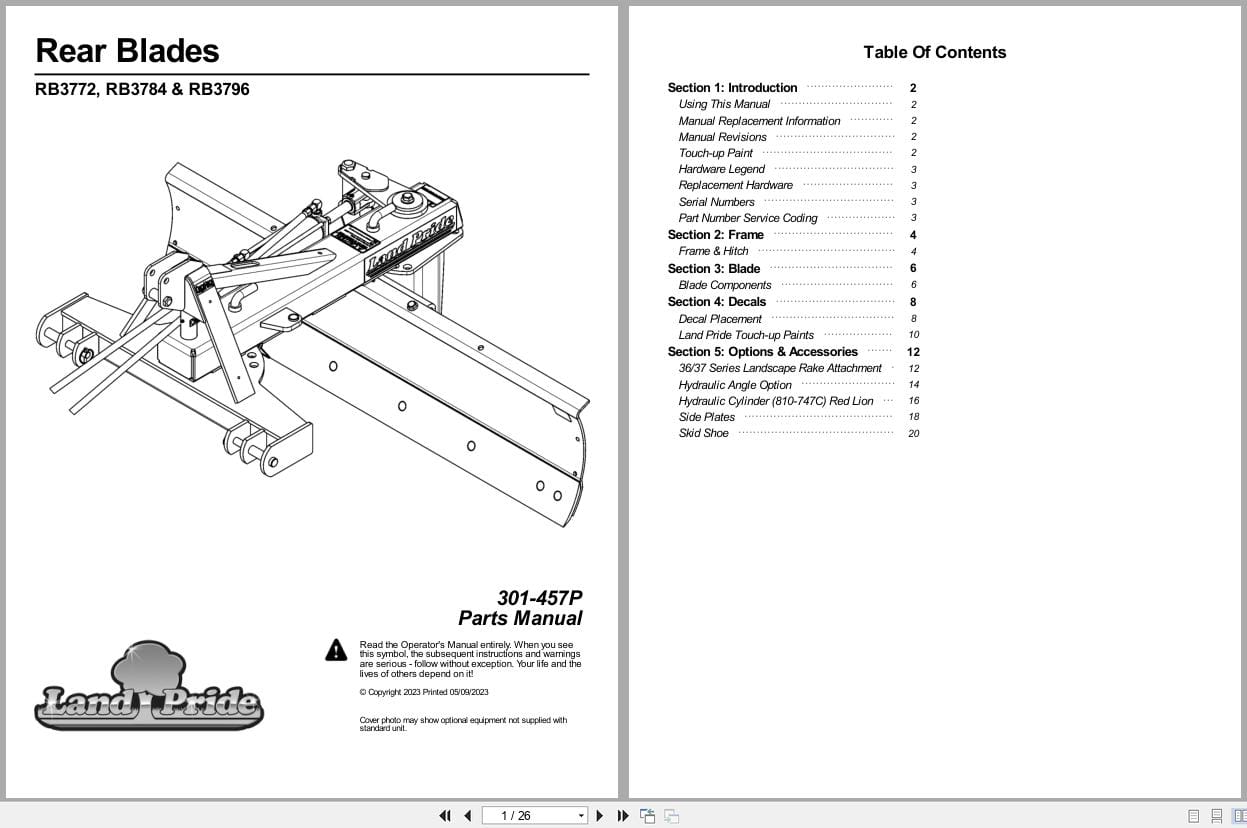 Land Pride Rear Blades RB3772 RB3784 RB3796 Parts Manual 301 457P (1)