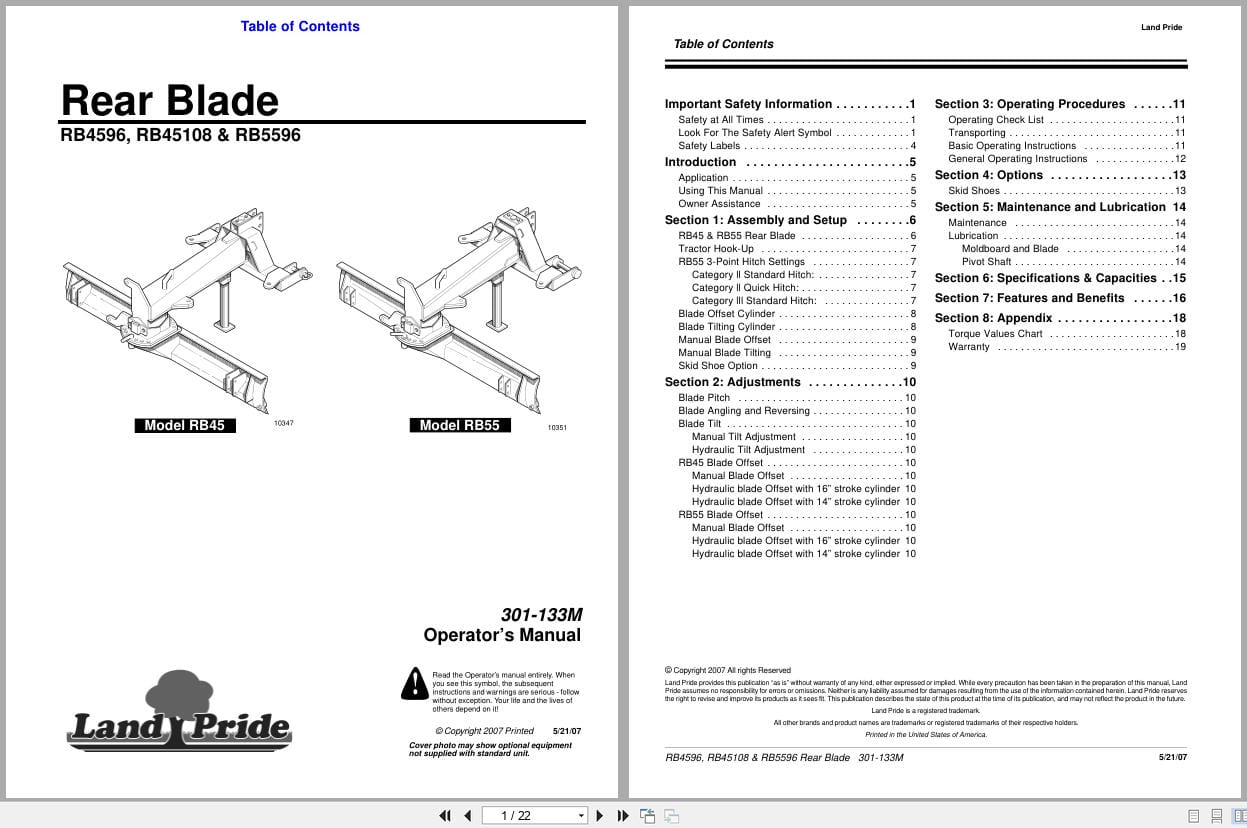 Land Pride Rear Blades RB4596 RB45108 RB5596 Operator Manual 301 133M (1)