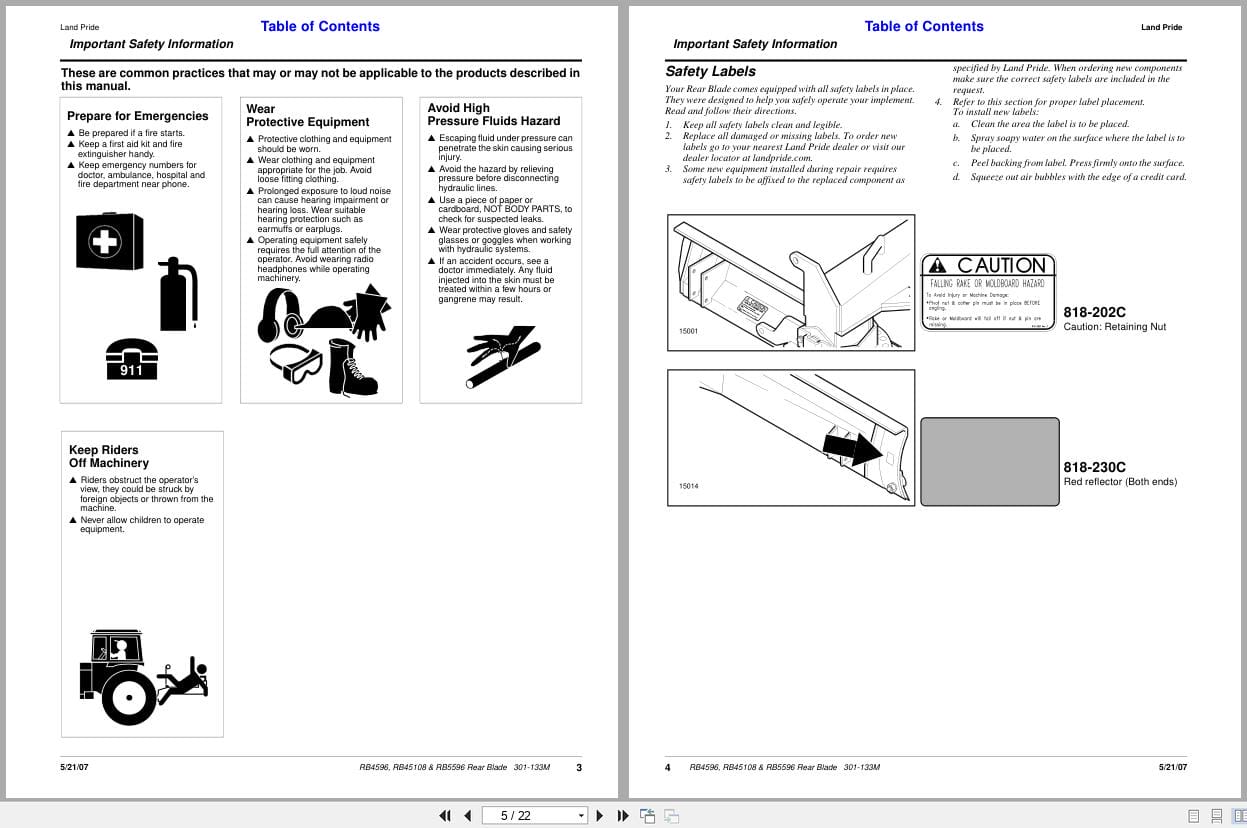 Land Pride Rear Blades RB4596 RB45108 RB5596 Operator Manual 301 133M (2)