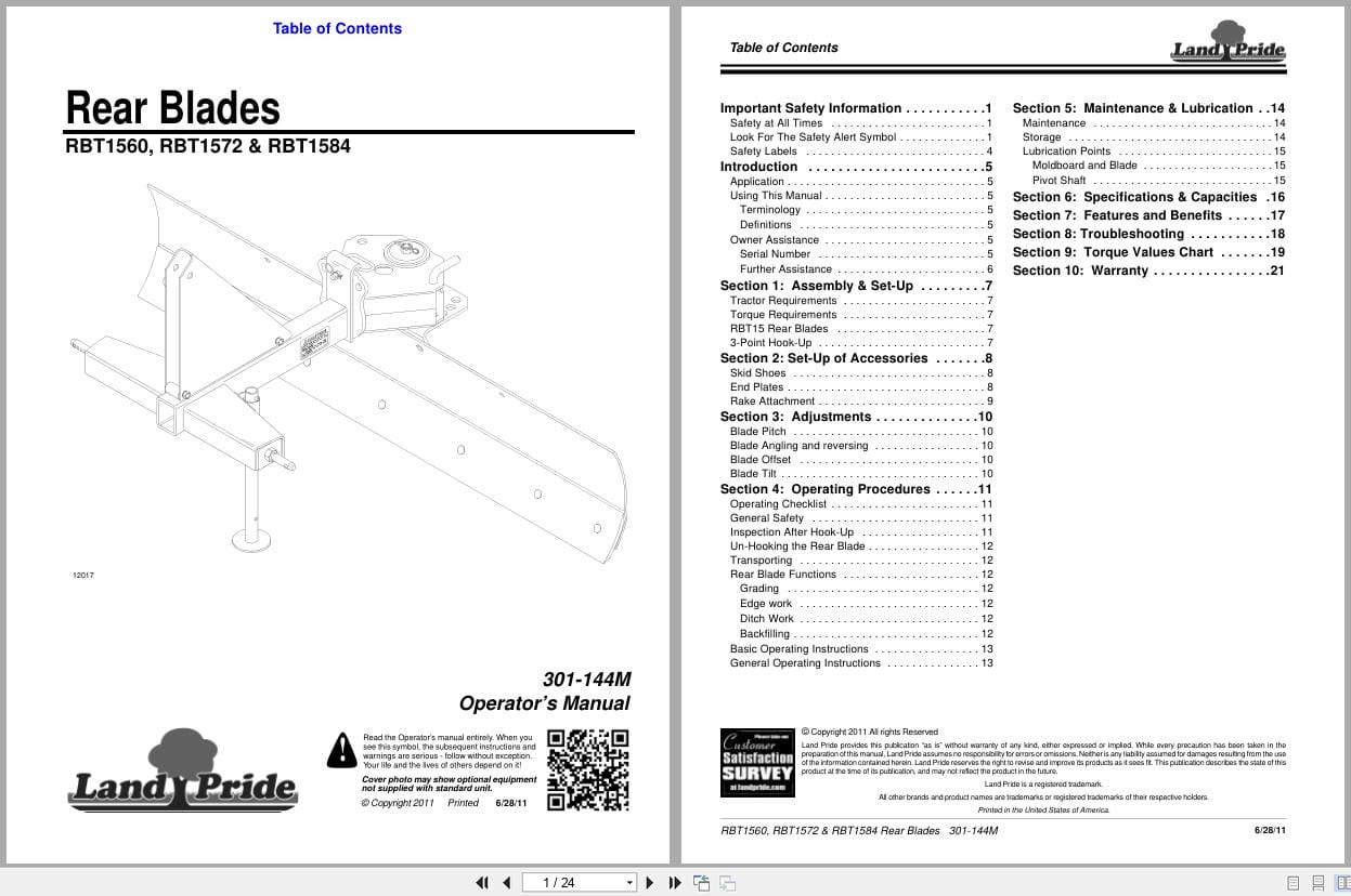 Land Pride Rear Blades RBT1560 RBT1572 RBT1584 Operation Manual 301 144M (1)