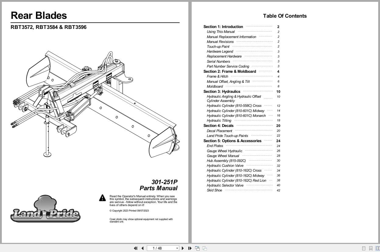 Land Pride Rear Blades RBT3572 RBT3584 RBT3596 Parts Manual 301 251P (1)