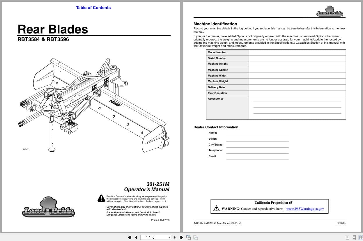 Land Pride Rear Blades RBT3584 RBT3596 Operation Manual 301 251M (1)