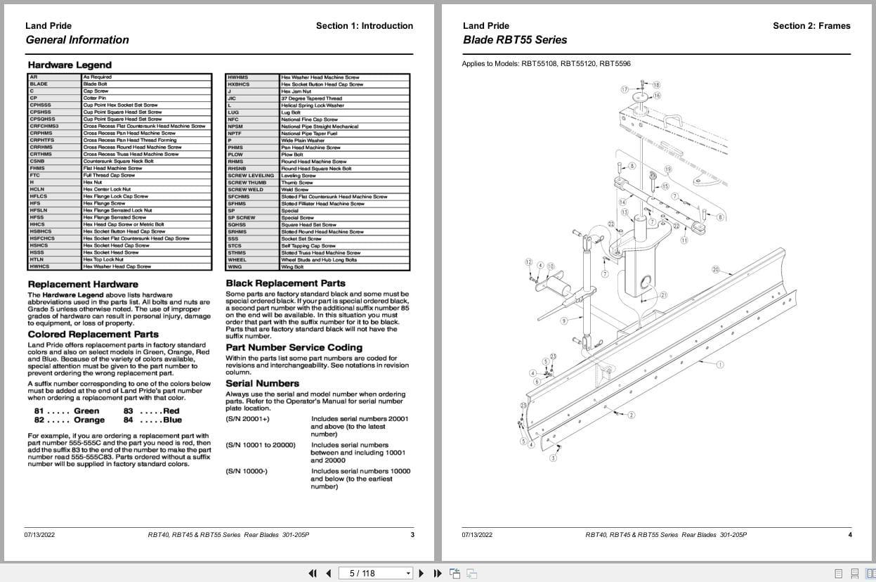 Land Pride Rear Blades RBT40 RBT45 RBT55 Series Parts Manual 301 205P (2)