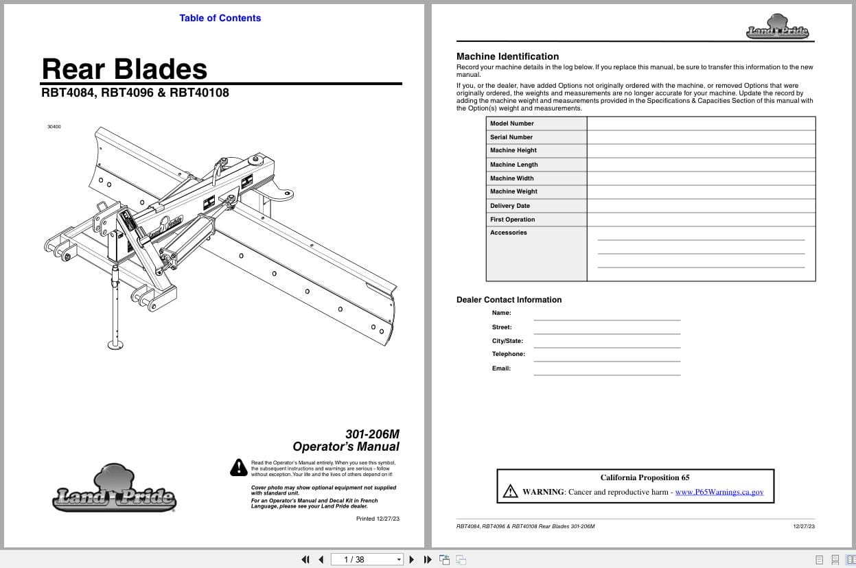 Land Pride Rear Blades RBT4084 RBT4096 RBT40108 Operation Manual 301 206M (1)