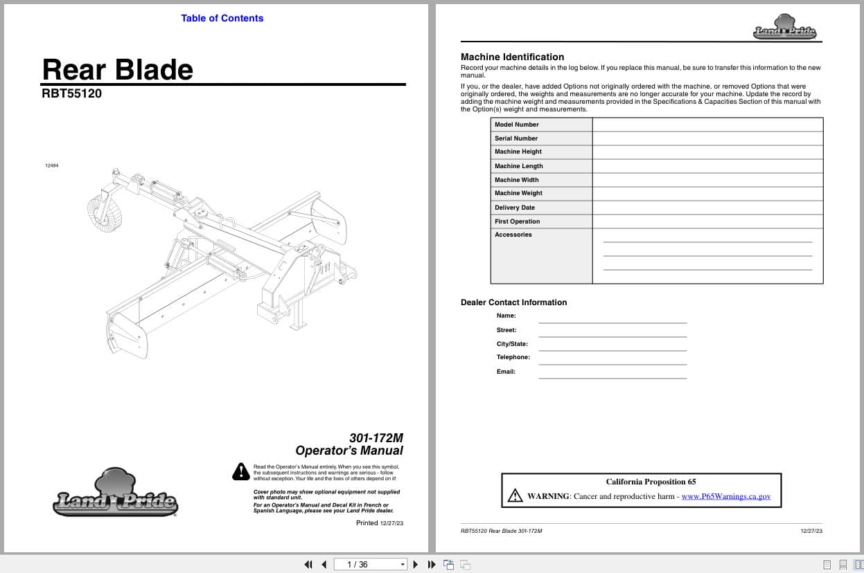 Land Pride Rear Blades RBT55120 Operation Manual 301 172M (1)