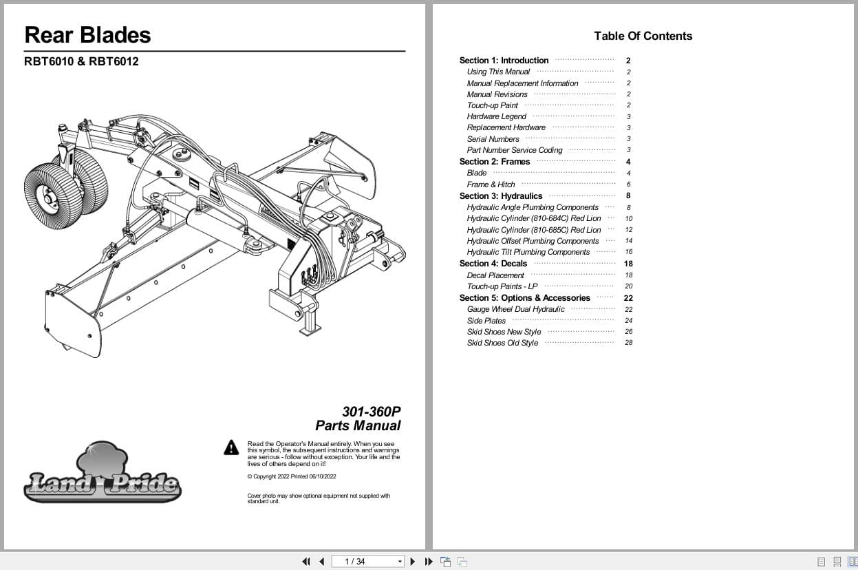 Land Pride Rear Blades RBT6010 RBT6012 Parts Manual 301 360P (1)