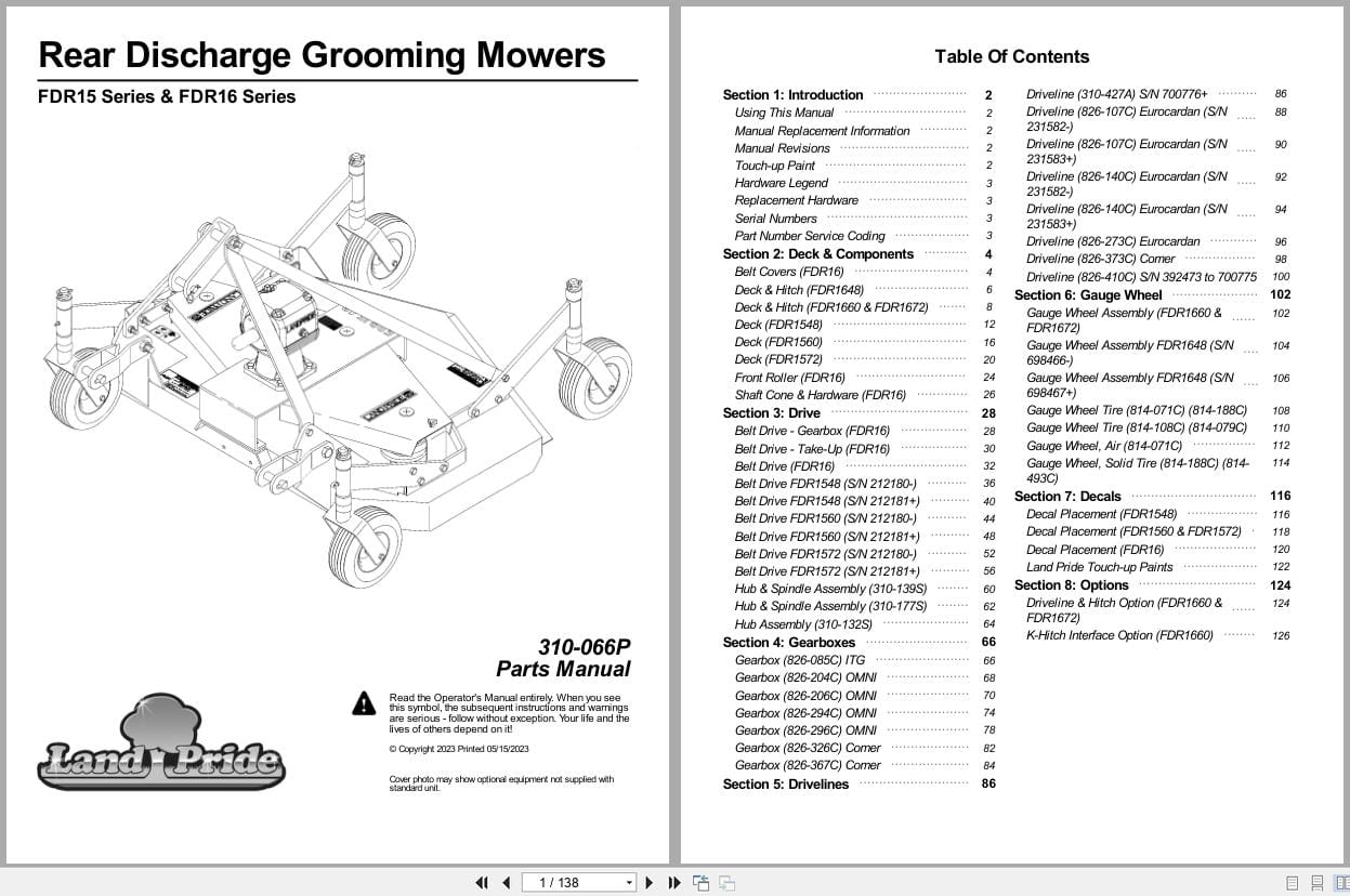 Land Pride Rear Discharge Grooming Mowers FDR15 FDR16 Series Parts Manual 310 066P (1)