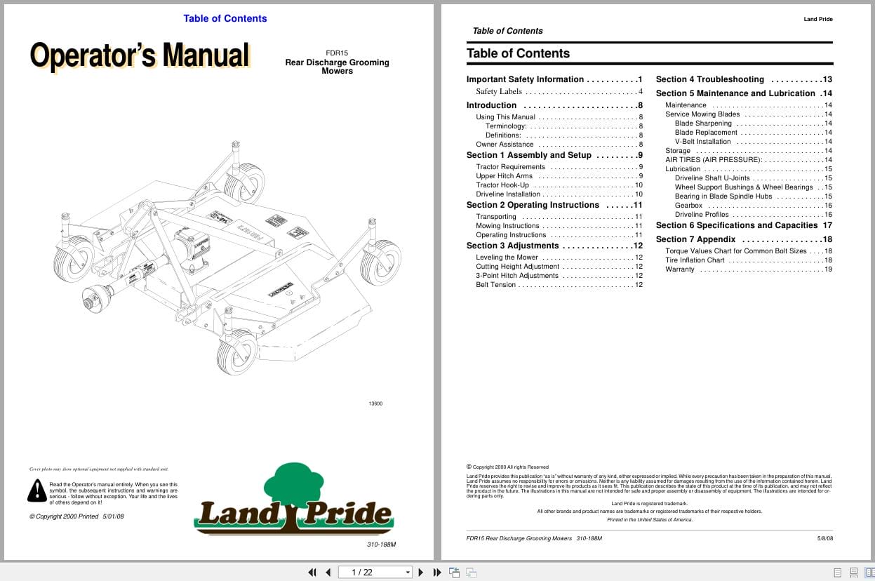 Land Pride Rear Discharge Grooming Mowers FDR15 Operator Manual 310 188M (1)