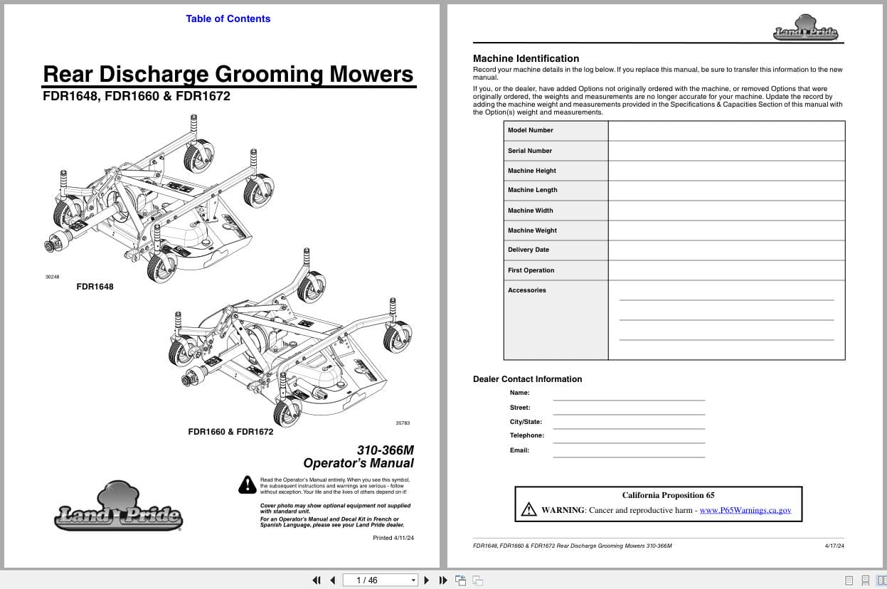 Land Pride Rear Discharge Grooming Mowers FDR1648 FDR1660 FDR1672 Operation Manual 310 366M (1)