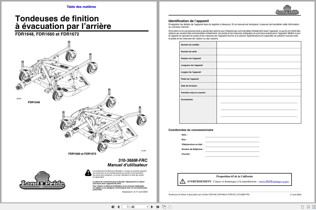 Land Pride Rear Discharge Grooming Mowers FDR1648 FDR1660 FDR1672 Operator Manual 310 366M FRC FR (1)