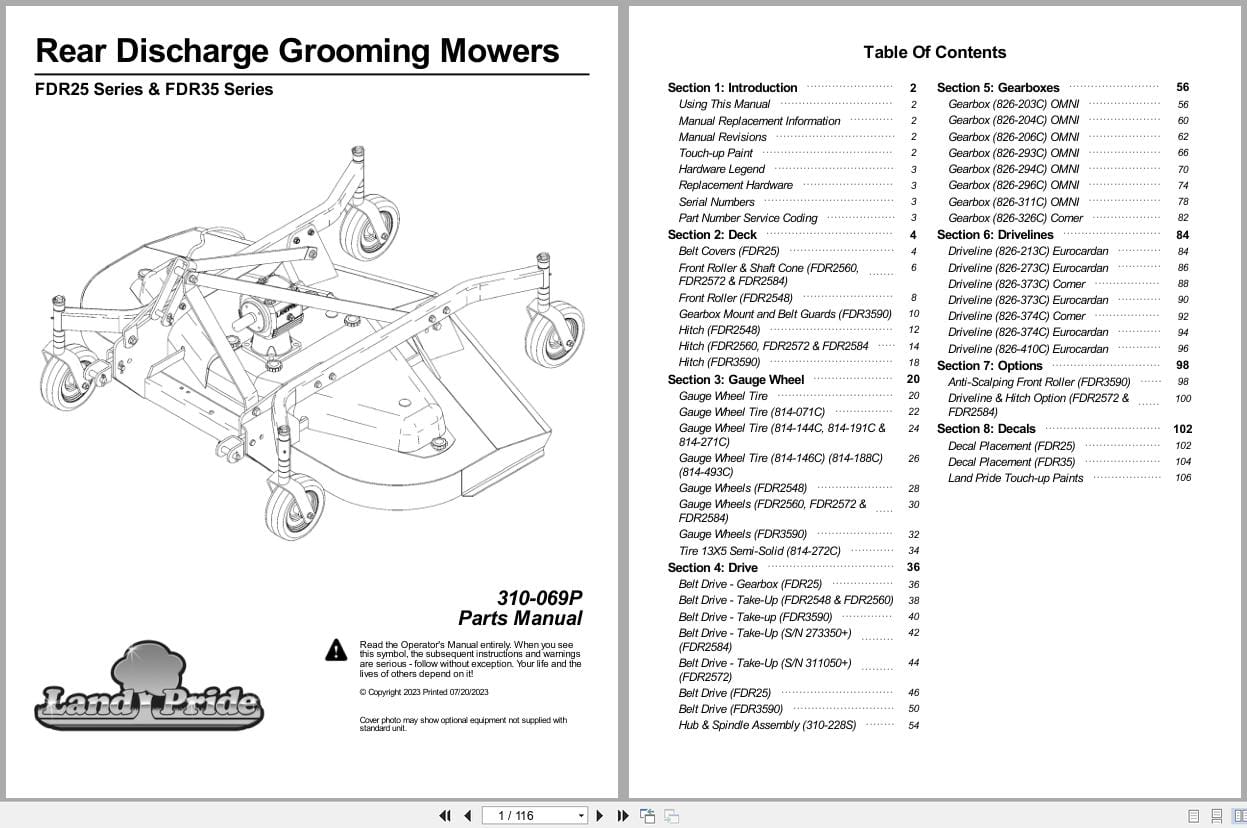 Land Pride Rear Discharge Grooming Mowers FDR25 FDR35 Series Parts Manual 310 069P (1)