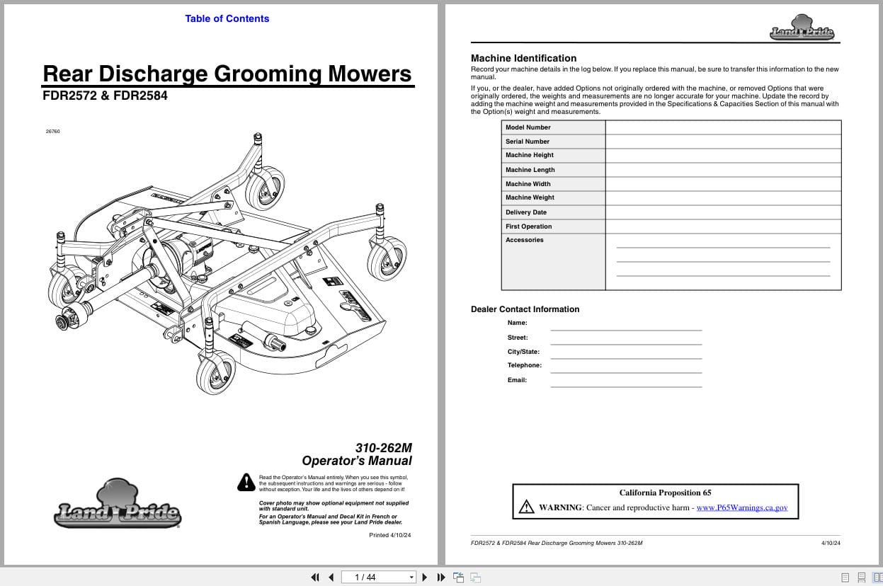 Land Pride Rear Discharge Grooming Mowers FDR2572 FDR2584 Operation Manual 310 262M (1)