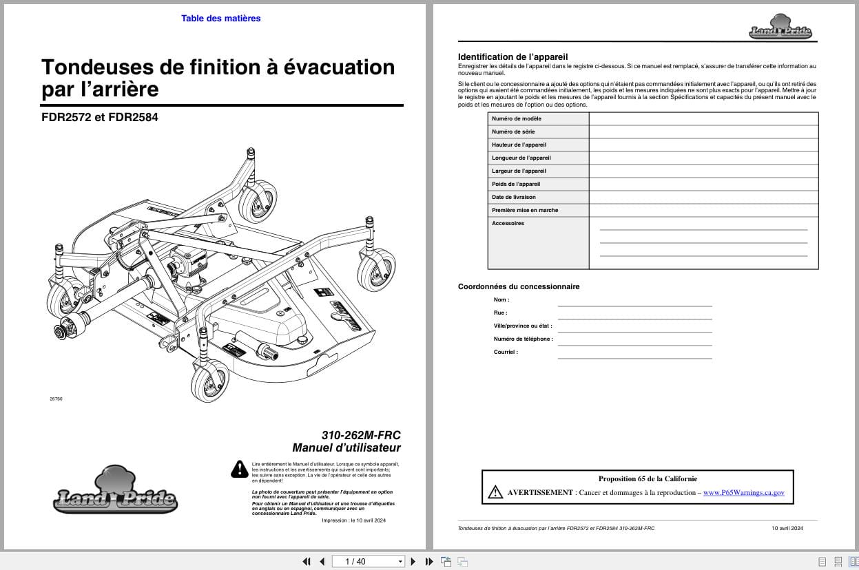 Land Pride Rear Discharge Grooming Mowers FDR2572 FDR2584 Operator Manual 310 262M FRC FR (1)