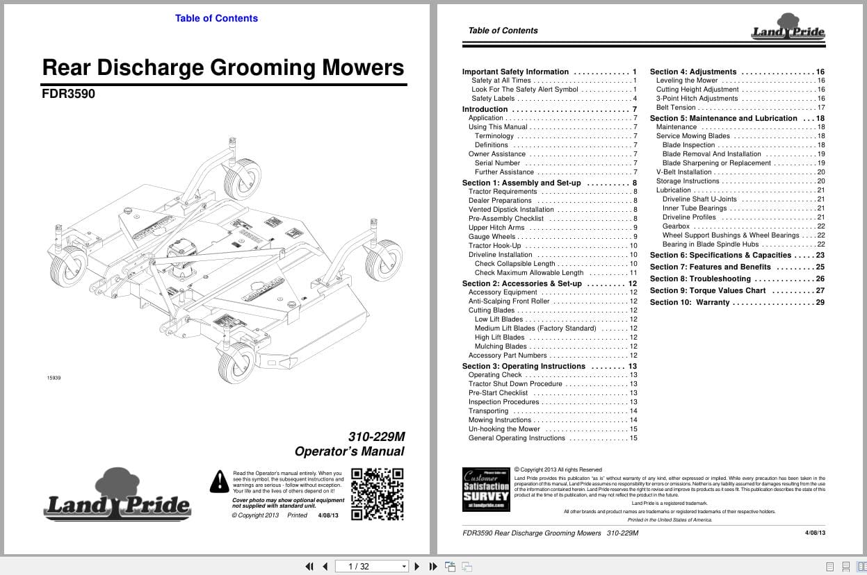 Land Pride Rear Discharge Grooming Mowers FDR3590 Operator Manual 310 229M (1)