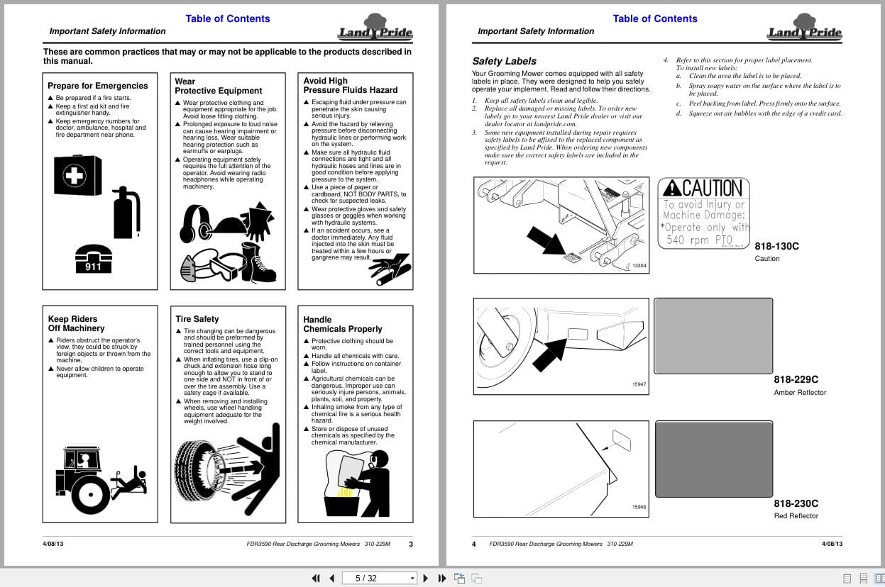 Land Pride Rear Discharge Grooming Mowers FDR3590 Operator Manual 310 229M (2)