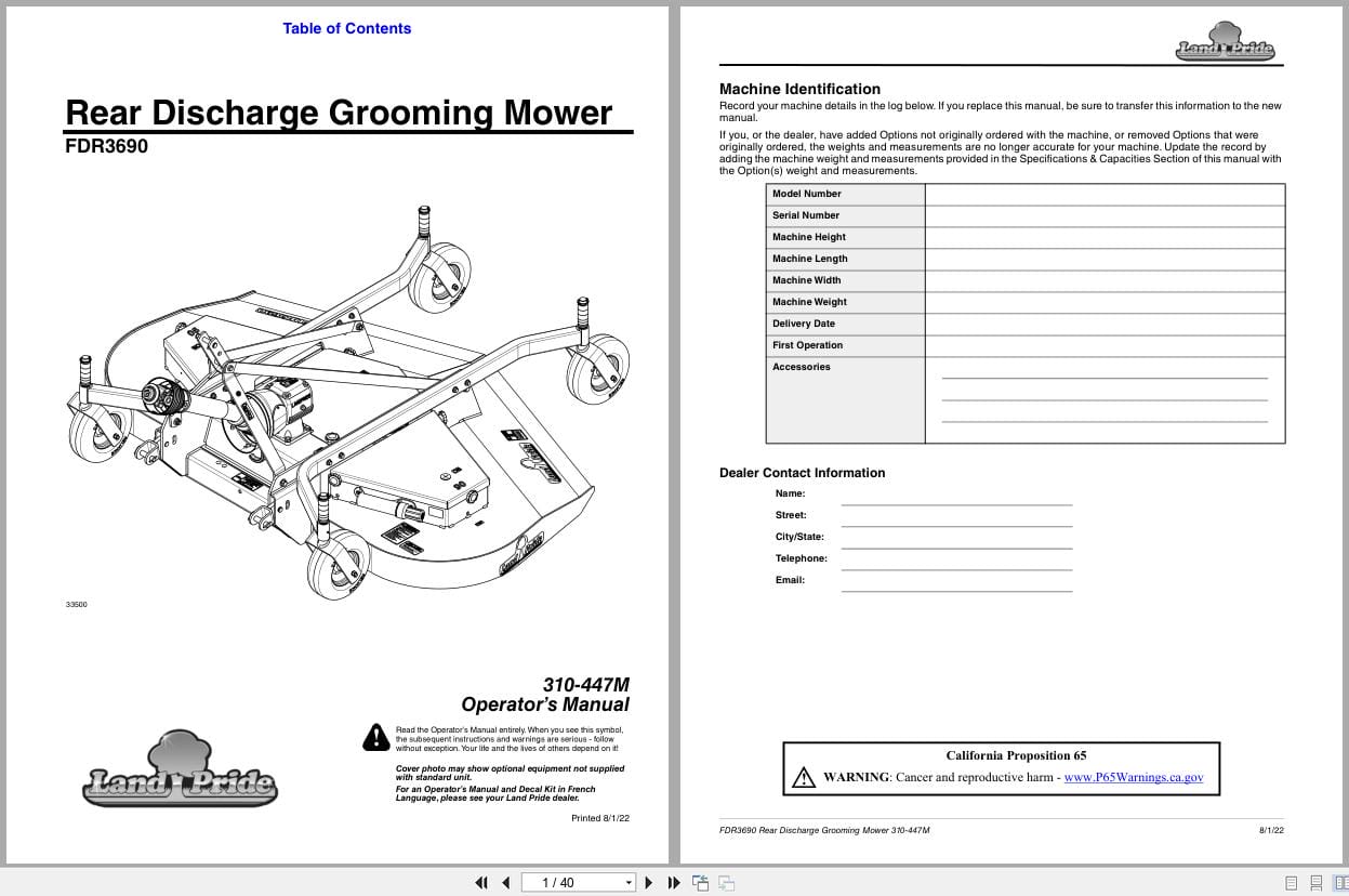 Land Pride Rear Discharge Grooming Mowers FDR3690 Operation Manual 310 447M (1)