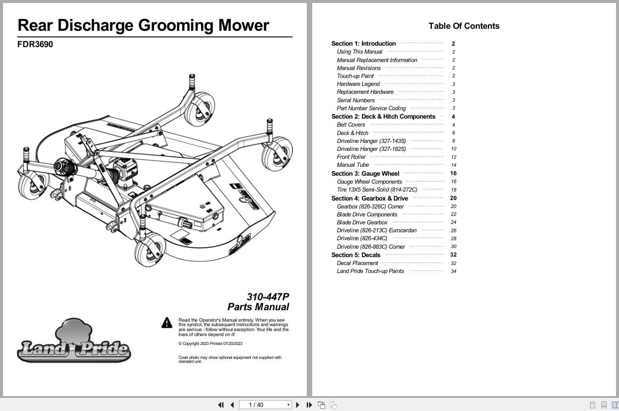 Land Pride Rear Discharge Grooming Mowers FDR3690 Parts Manual 310 447P (1)