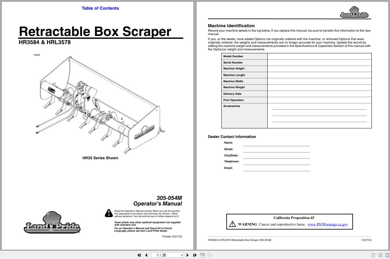 Land Pride Retractable Box Scrapers HR3584 HRL3578 Operation Manual 305 054M (1)