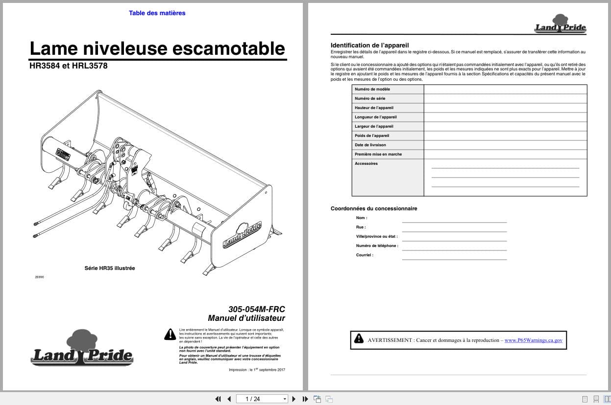 Land Pride Retractable Box Scrapers HR3584 HRL3578 Operator Manual 305 054M FRC FR (1)