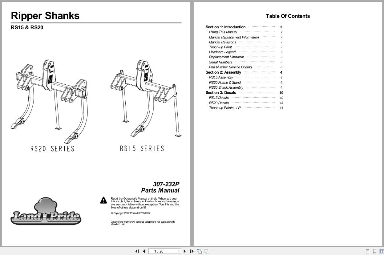 Land Pride Ripper Shanks RS15 RS20 Parts Manual 307 232P (1)