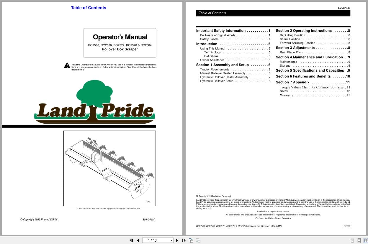 Land Pride Rollover Box Scrapers RO2560 RO2566 RO2572 RO2578 RO2584 Operator Manual 304 041M (1)
