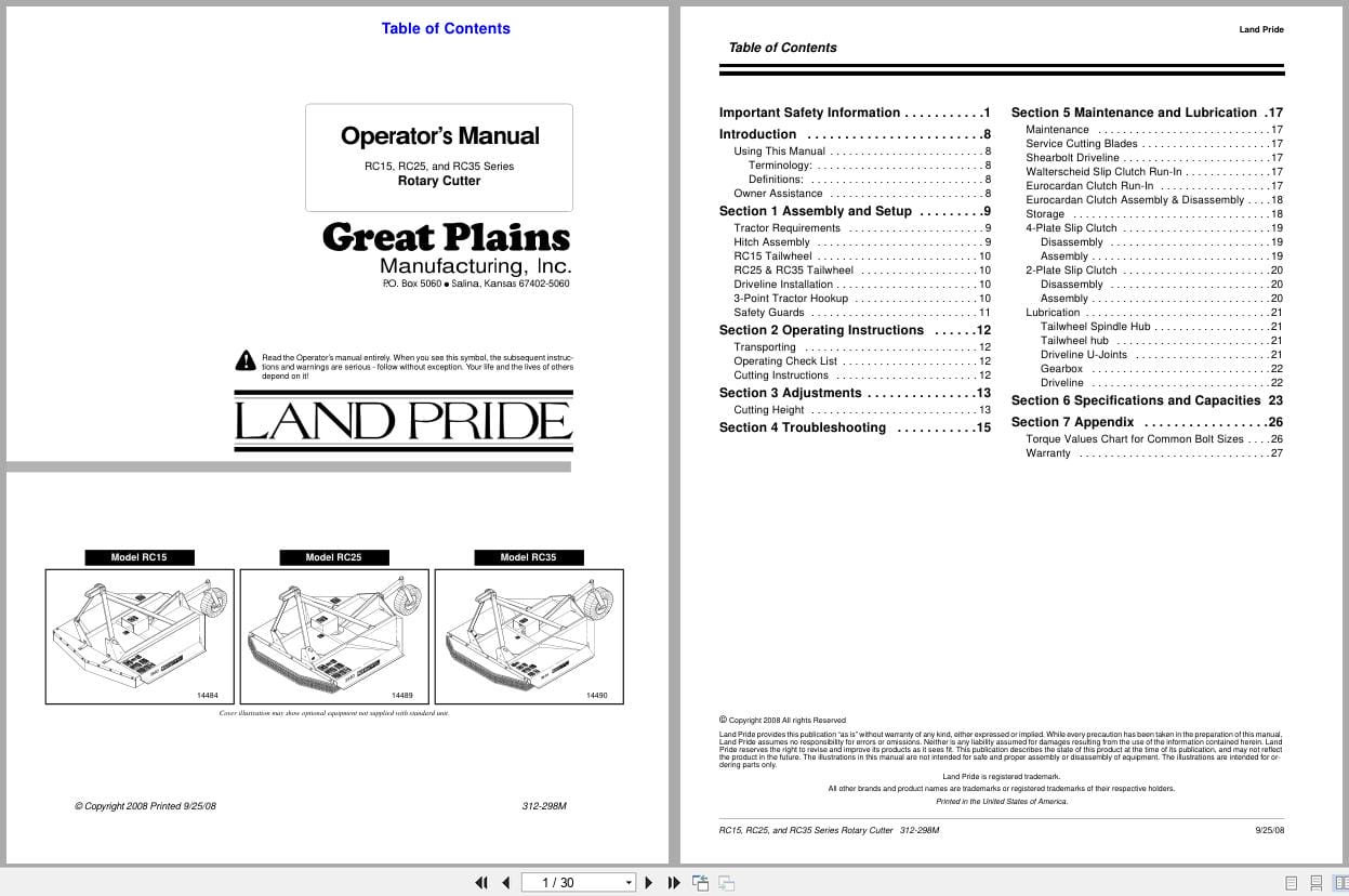 Land Pride Rotary Cutters RC15 RC25 RC35 Series Operator Manual 312 298M (1)