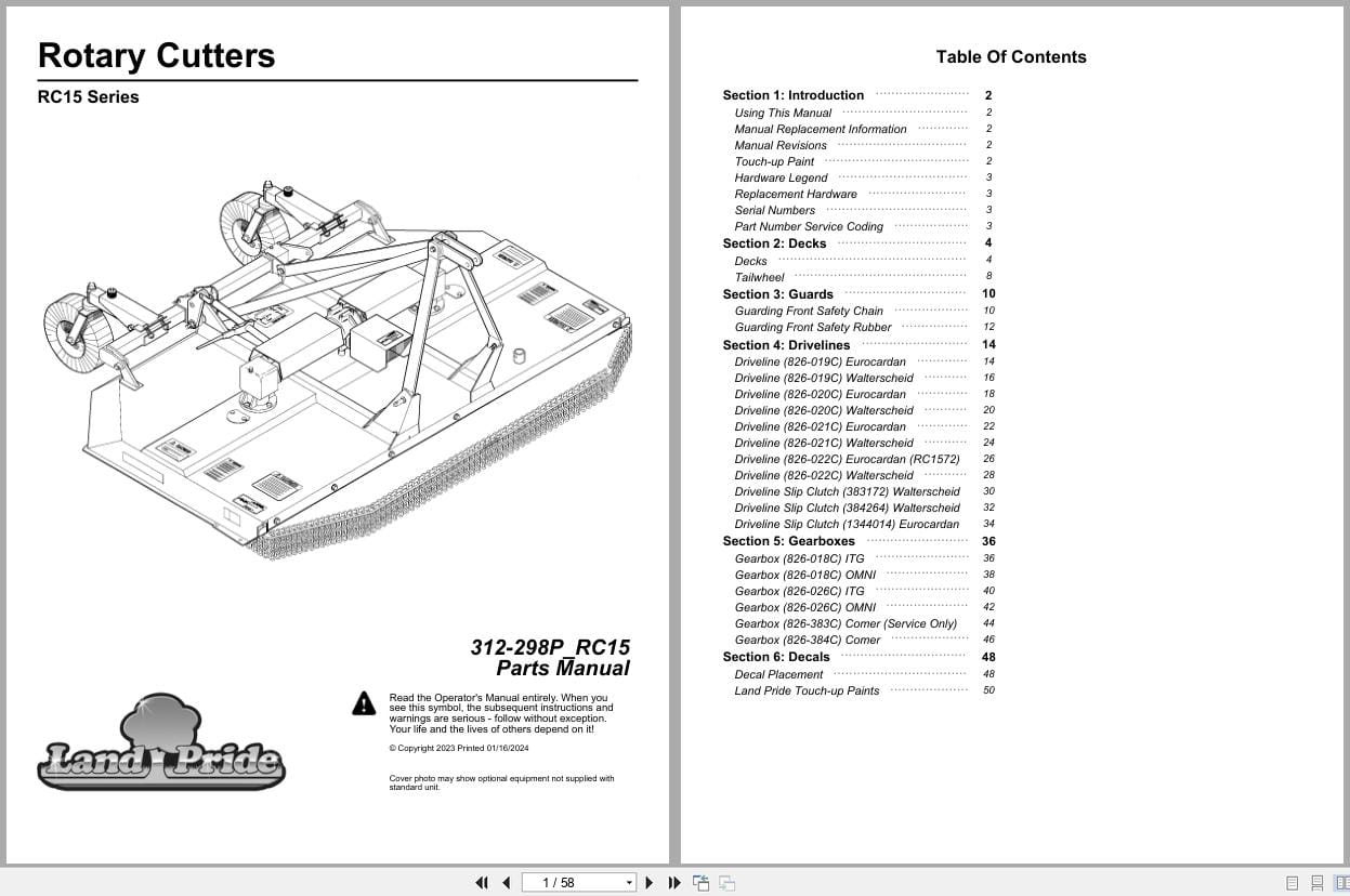 Land Pride Rotary Cutters RC15 Series Parts Manual 312 298P RC15 (1)