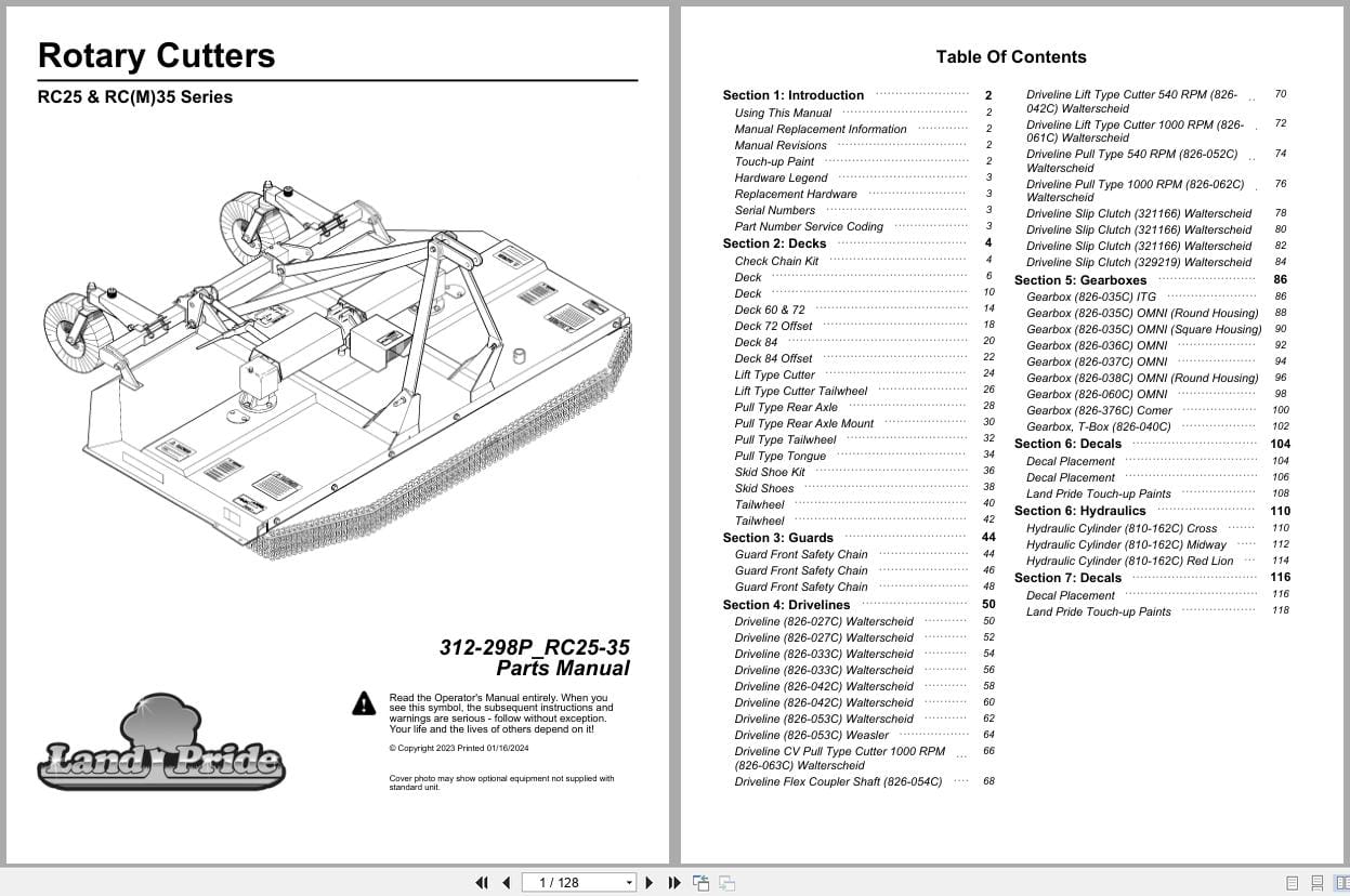 Land Pride Rotary Cutters RC25 RC35 RCM35 Series Parts Manual 312 298P RC25 35 (1)