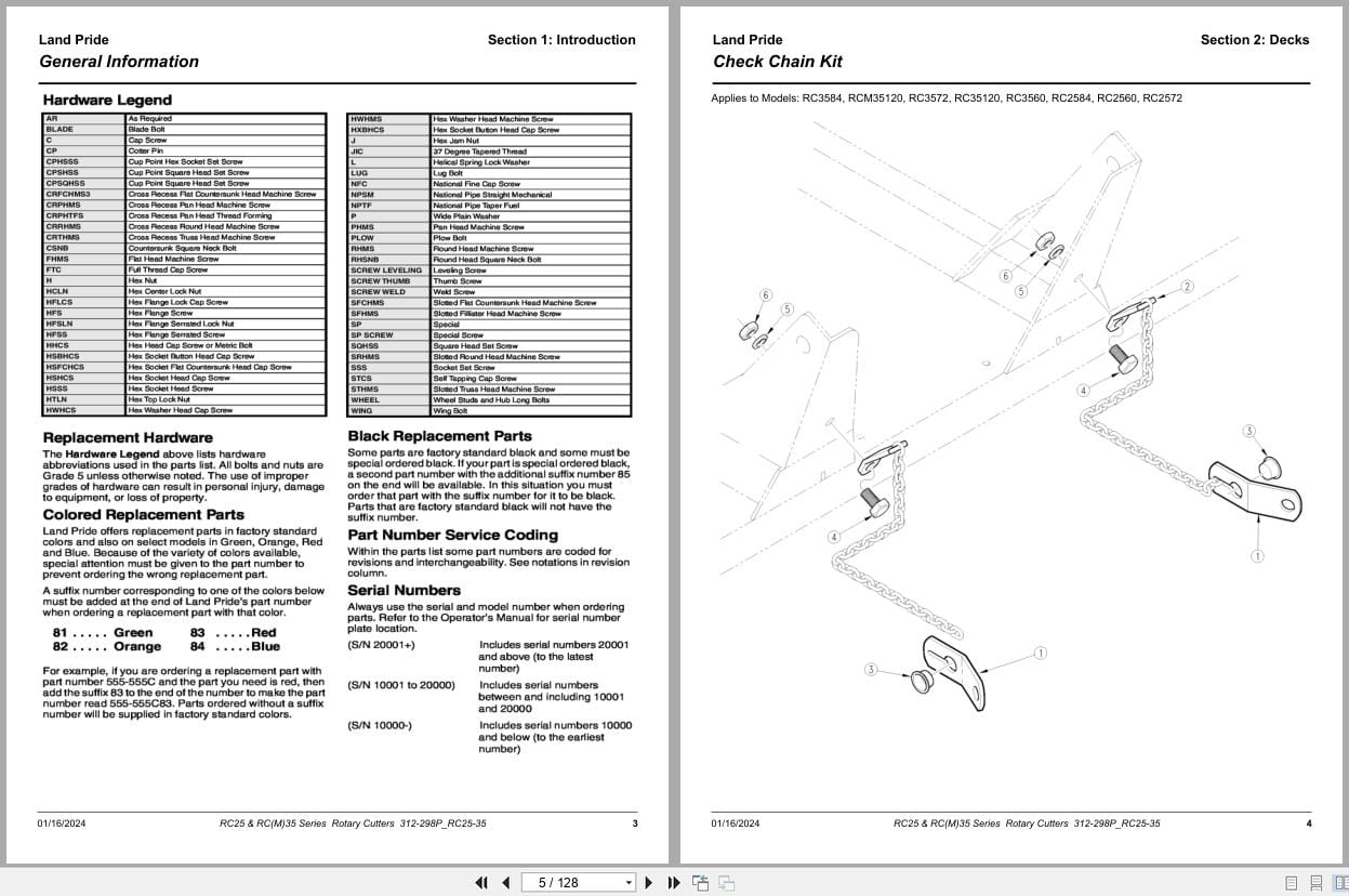 Land Pride Rotary Cutters RC25 RC35 RCM35 Series Parts Manual 312 298P RC25 35 (2)