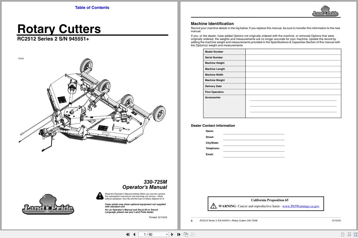 Land Pride Rotary Cutters RC2512 Series 2 Operator Manual 330 725M (1)