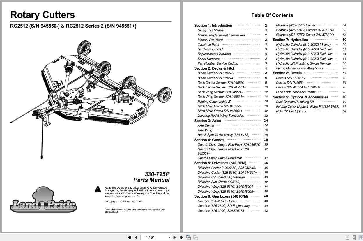 Land Pride Rotary Cutters RC2512 Series 2 Parts Manual 330 725P (1)
