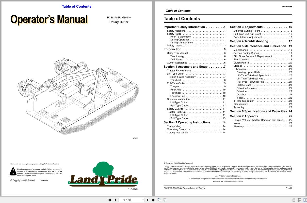 Land Pride Rotary Cutters RC35120 RCM35120 Operator Manual 312 301M (1)
