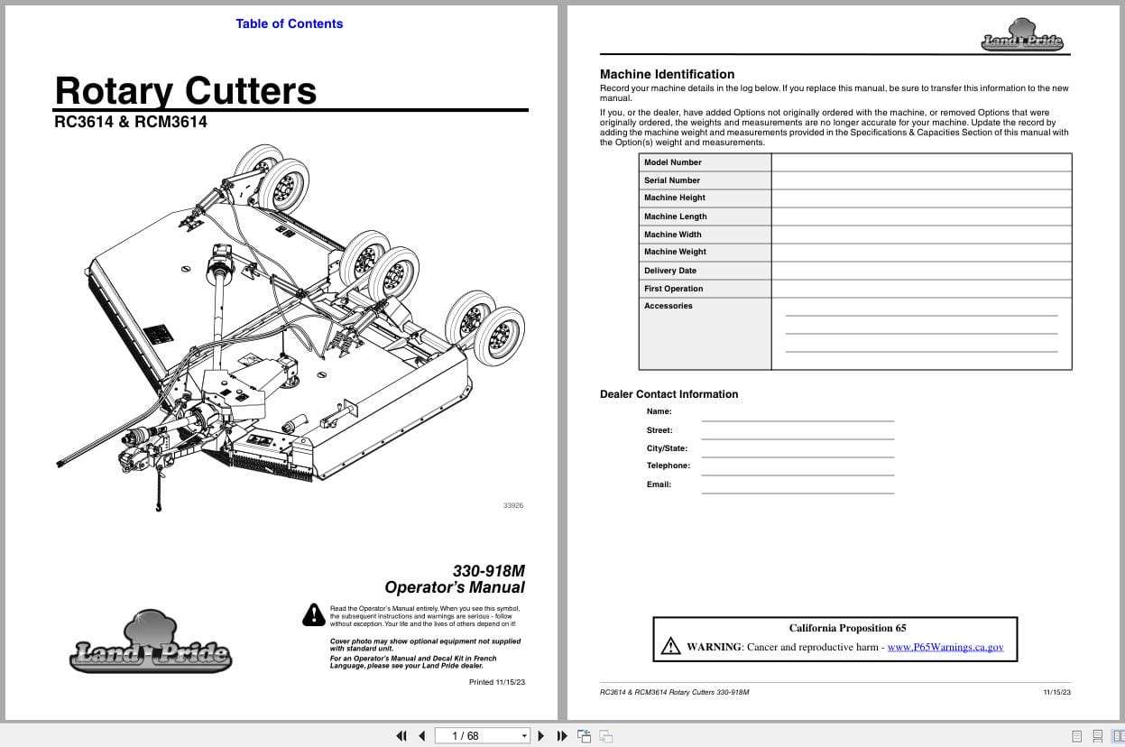 Land Pride Rotary Cutters RC3614 RCM3614 Operation Manual 330 918M (1)