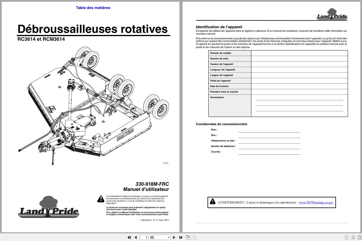 Land Pride Rotary Cutters RC3614 RCM3614 Operator Manual 330 918M FRC FR (1)