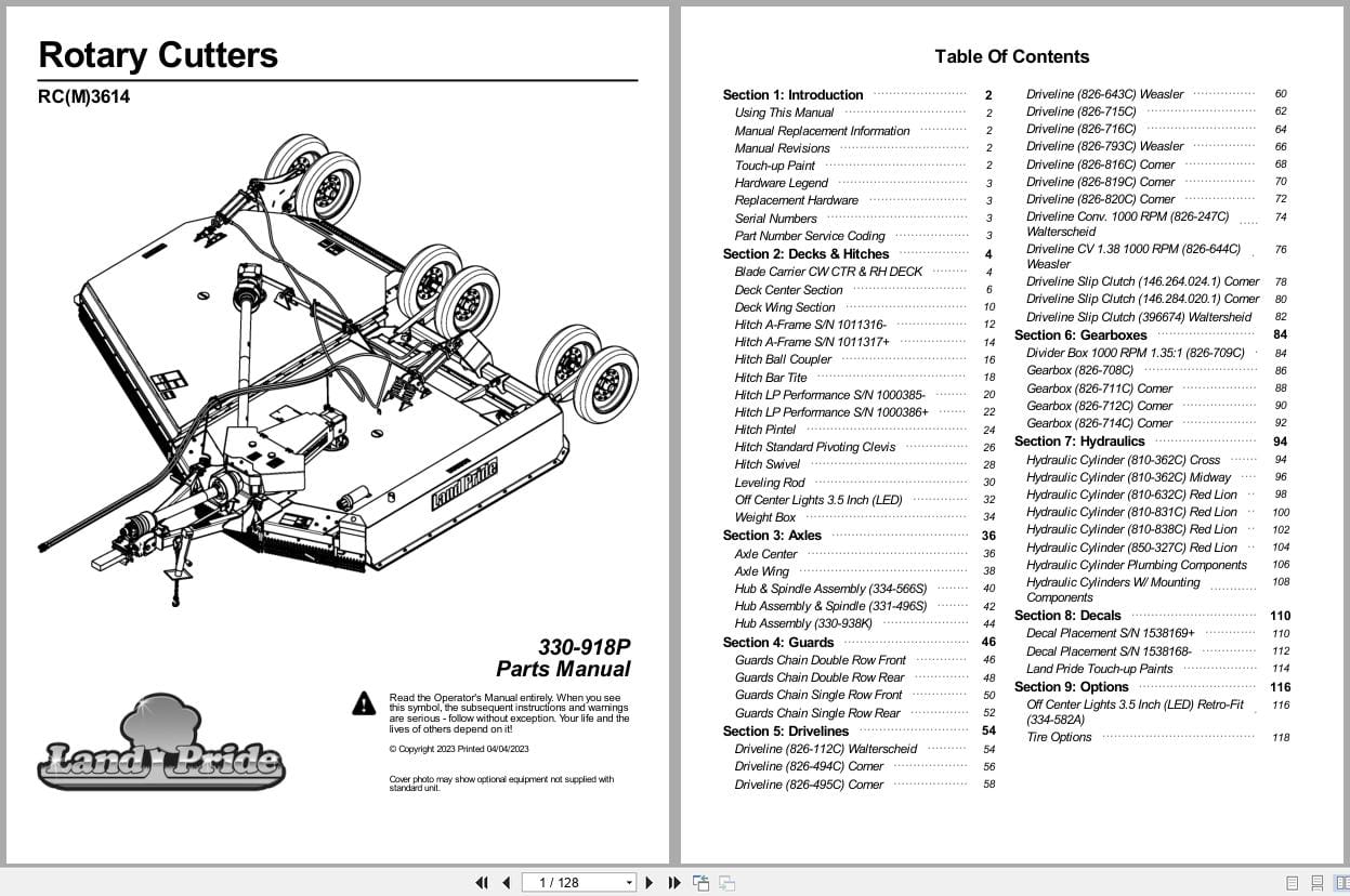 Land Pride Rotary Cutters RC3614 RCM3614 Parts Manual 330 918P (1)