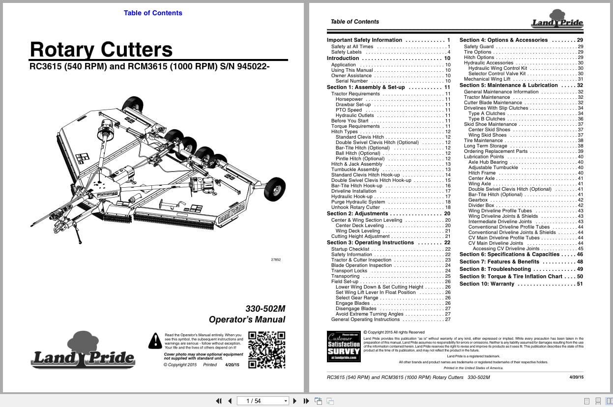 Land Pride Rotary Cutters RC3615 RCM3615 Operation Manual 330 502M (1)