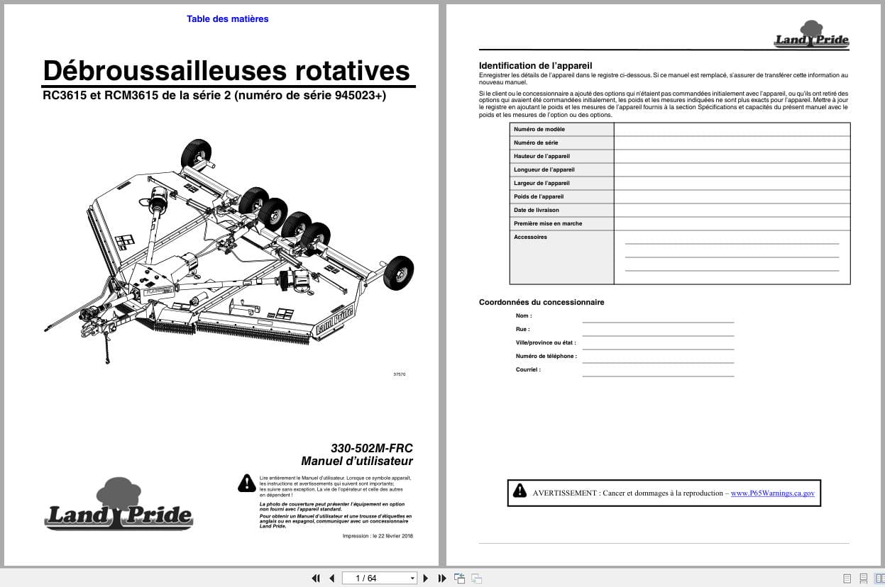 Land Pride Rotary Cutters RC3615 RCM3615 Operator Manual 330 502M FRC FR (1)