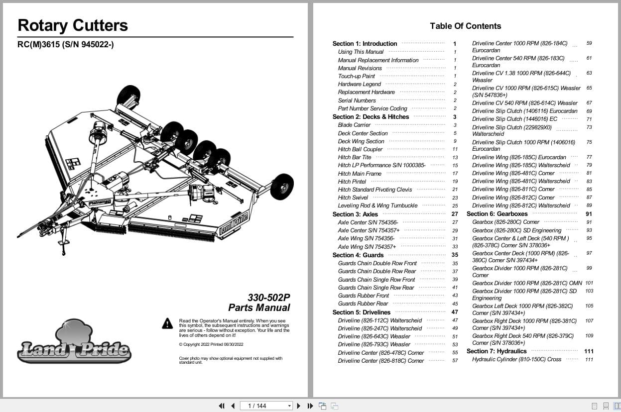 Land Pride Rotary Cutters RC3615 RCM3615 Parts Manual 330 502P (1)