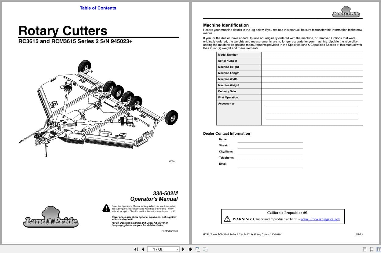 Land Pride Rotary Cutters RC3615 RCM3615 Series 2 Operation Manual 330 502M (1)